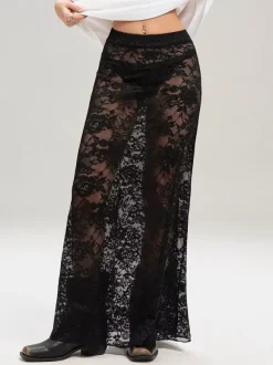 Skirts Black Lace Raised Waist Sexy Sheer Long Women's Bottoms
