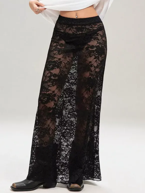 Skirts Black Lace Raised Waist Sexy Sheer Long Women's Bottoms
