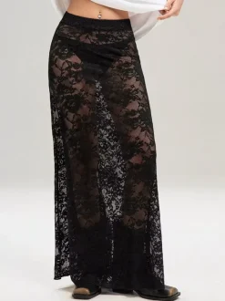 Skirts Black Lace Raised Waist Sexy Sheer Long Women's Bottoms