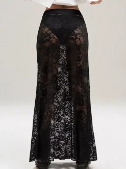 Skirts Black Lace Raised Waist Sexy Sheer Long Women's Bottoms