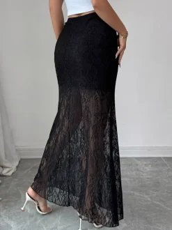 Skirts Black Lace Raised Waist Elegant Sheer Long Women's Bottoms