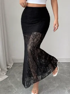 Skirts Black Lace Raised Waist Elegant Sheer Long Women's Bottoms