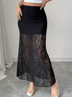 Skirts Black Lace Raised Waist Elegant Sheer Long Women's Bottoms
