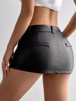 Skirts Black Low Rise Waist PU Leather Sexy Spring Mini Women's Bottoms