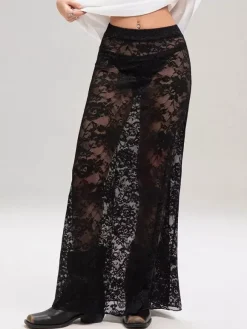 Skirts Black Natural Waist Sexy Sheer Long Women's Bottoms