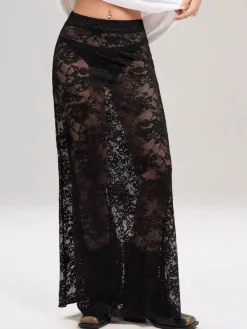 Skirts Black Natural Waist Sexy Sheer Long Women's Bottoms