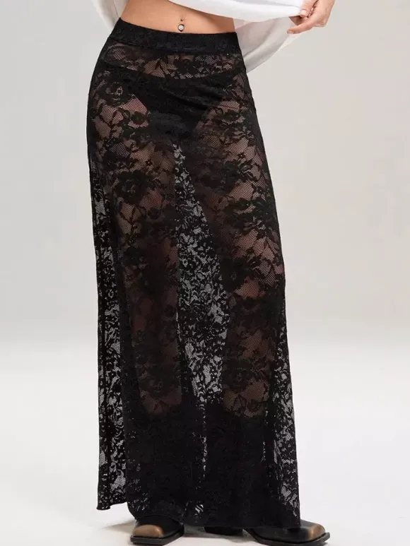 Skirts Black Natural Waist Sexy Sheer Long Women's Bottoms