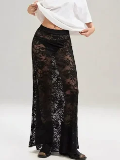 Skirts Black Natural Waist Sexy Sheer Long Women's Bottoms
