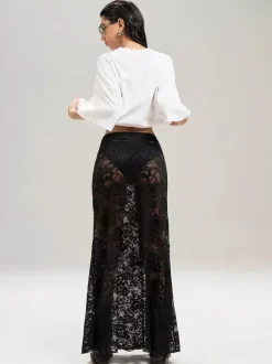 Skirts Black Natural Waist Sexy Sheer Long Women's Bottoms