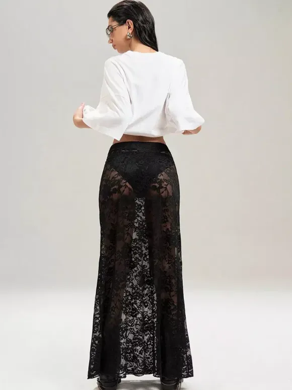 Skirts Black Natural Waist Sexy Sheer Long Women's Bottoms