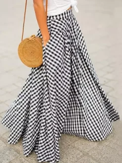 Skirts Black Plaid Casual Summer Long Women's Bottoms
