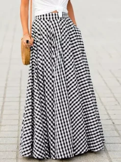 Skirts Black Plaid Casual Summer Long Women's Bottoms