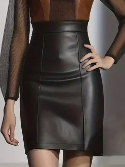 Skirts Black PU Leather Natural Waist Chic Spring Short Women's Bottoms