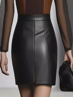 Skirts Black PU Leather Natural Waist Chic Spring Short Women's Bottoms