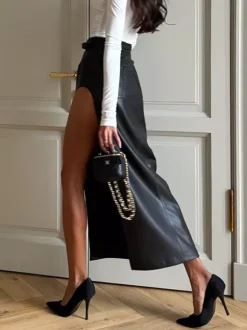 Skirts Black PU Leather Raised Waist Sexy High-slit Spring Mid-calf Length Women's Bottoms
