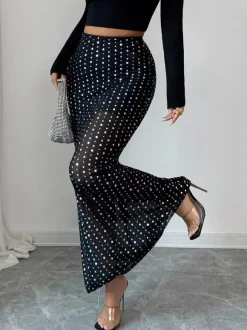 Skirts Black Raised Waist Polka Dot Elegant Long Women's Bottoms