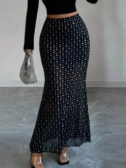 Skirts Black Raised Waist Polka Dot Elegant Long Women's Bottoms