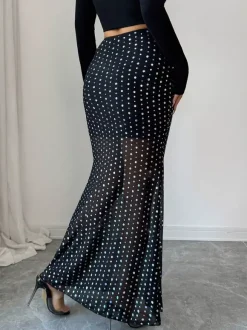 Skirts Black Raised Waist Polka Dot Elegant Long Women's Bottoms