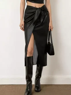 Skirts Black Raised Waist PU Leather Sexy Summer Mid-calf Length Women's Bottoms