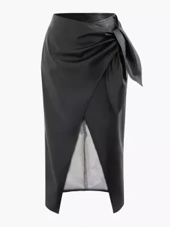 Skirts Black Raised Waist PU Leather Sexy Summer Mid-calf Length Women's Bottoms