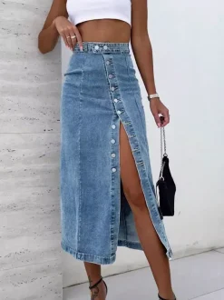 Skirts Blue Denim Casual Fall Mid-calf Length Women's Bottoms