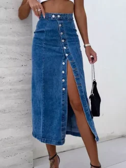 Skirts Blue Denim Casual Fall Mid-calf Length Women's Bottoms