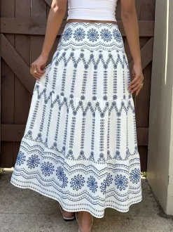 Skirts Blue Natural Waist Bohemian Clothes Summer Long Women's Bottoms