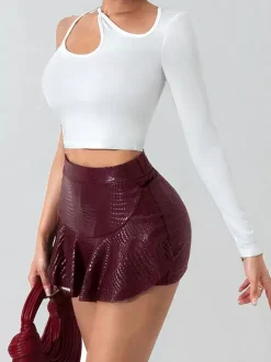 Skirts Burgundy Slim Fit Raised Waist Sexy Mini Women's Bottoms