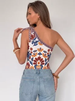 Sleeveless Bodysuit Burgundy Lace Up Backless Asymmetrical One-Shoulder Bohemian Printed Women Top