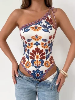 Sleeveless Bodysuit Burgundy Lace Up Backless Asymmetrical One-Shoulder Bohemian Printed Women Top