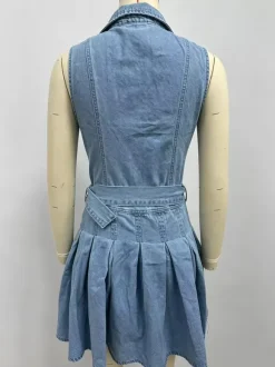 Sleeveless Denim Mini Dress For Women - Y2K Pleated Belted Button Up Jean Skater Dress - Summer Casual Picnic 2026