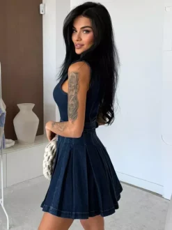 Sleeveless Denim Mini Dress For Women - Y2K Pleated Belted Button Up Jean Skater Dress - Summer Casual Picnic 2026