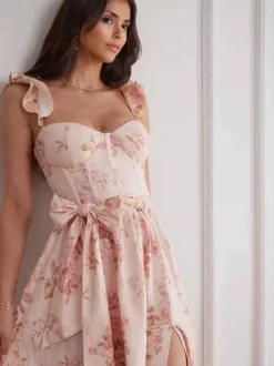 Sleeveless Floral Midi Dress With Sweetheart Neck And High Slit For Summer 2026