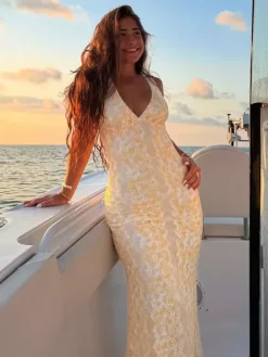 Sleeveless Lace Maxi Dress With Deep V-Neck And Open Back For Summer 2026