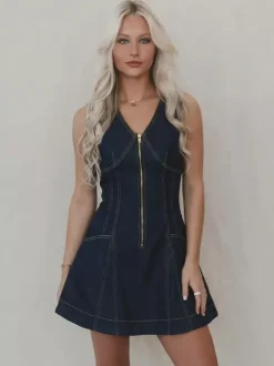Sleeveless Mini Denim Dress For Women - Dark Blue Western Style Front Zip Slim Fit Jean Sundress - Summer Music Festival 2026