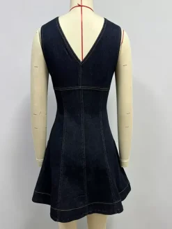 Sleeveless Mini Denim Dress For Women - Dark Blue Western Style Front Zip Slim Fit Jean Sundress - Summer Music Festival 2026