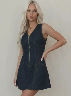 Sleeveless Mini Denim Dress For Women - Dark Blue Western Style Front Zip Slim Fit Jean Sundress - Summer Music Festival 2026