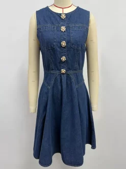 Sleeveless Mini Denim Dress For Women - Medium Blue Y2K Flower Button Fit And Flare Jean Pleated Sun Dress - Summer Casual Party 2026