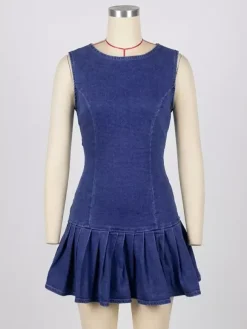 Sleeveless Pleated Denim Mini Dress For Women - Sexy Backless Tie Cutout Slim Fit - Summer Beach Streetwear 2026