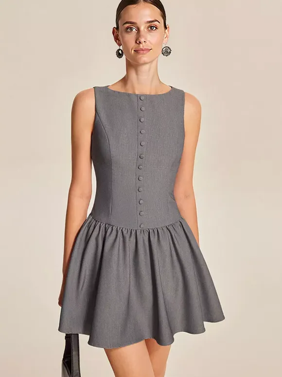 Sleeveless Pleated Mini Dress With Button-Front In Grey For Summer 2026