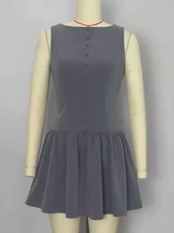 Sleeveless Pleated Mini Dress With Button-Front In Grey For Summer 2026