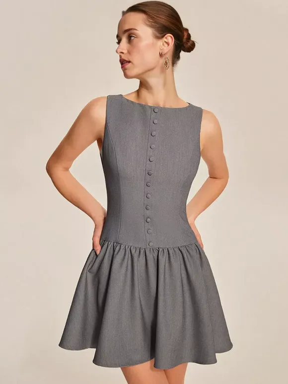 Sleeveless Pleated Mini Dress With Button-Front In Grey For Summer 2026