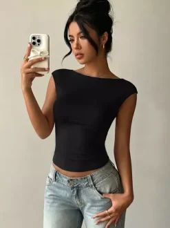 Sleeveless Tees Black Backless Lace Bateau Neck Women Tee Shirt