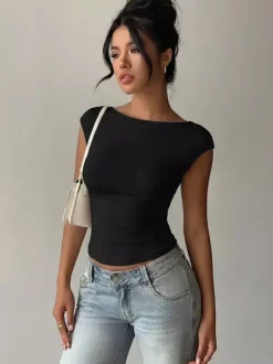 Sleeveless Tees Black Backless Lace Bateau Neck Women Tee Shirt