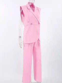 Sleeveless Blazer Set For Women Business Casual - Pink Chic Double Breasted Tailored Cut - 2026 Summer Work Outfit