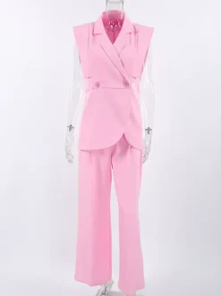 Sleeveless Blazer Set For Women Business Casual - Pink Chic Double Breasted Tailored Cut - 2026 Summer Work Outfit