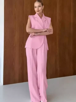 Sleeveless Blazer Set For Women Business Casual - Pink Chic Double Breasted Tailored Cut - 2026 Summer Work Outfit