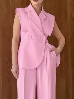 Sleeveless Blazer Set For Women Business Casual - Pink Chic Double Breasted Tailored Cut - 2026 Summer Work Outfit