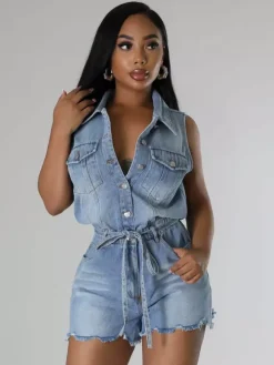 Sleeveless Denim Romper For Women - Light Blue Distressed Tie Waist One Piece Shorts - Summer Clubwear 2026