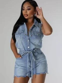 Sleeveless Denim Romper For Women - Light Blue Distressed Tie Waist One Piece Shorts - Summer Clubwear 2026